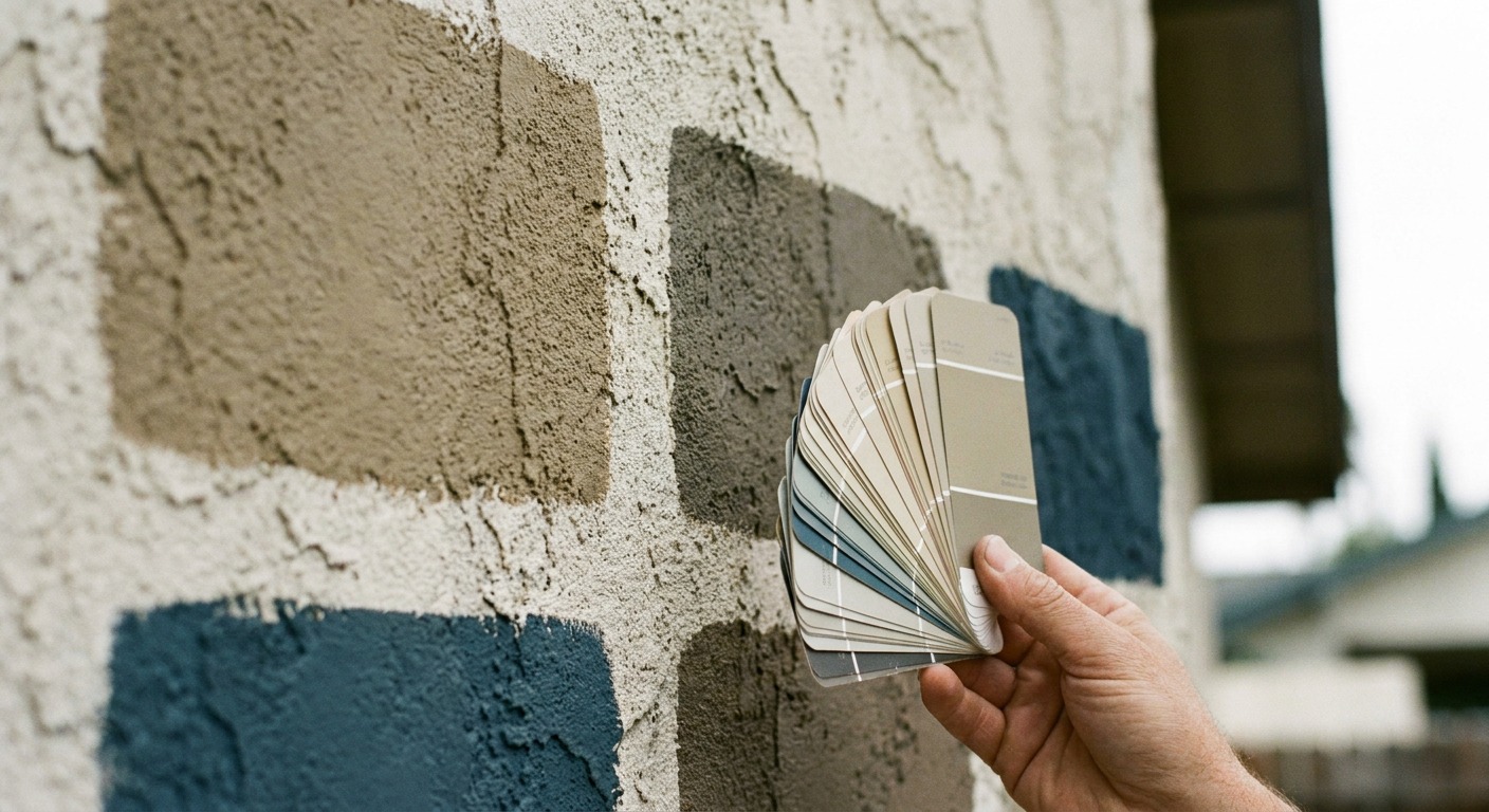Facade Paint Sample Testing On-Site Large painted test swatches applied to an exterior wall with a hand holding a color fan deck for comparison | Sky Rye Design Large painted test swatches applied to an exterior wall with a hand holding a color fan deck for comparison