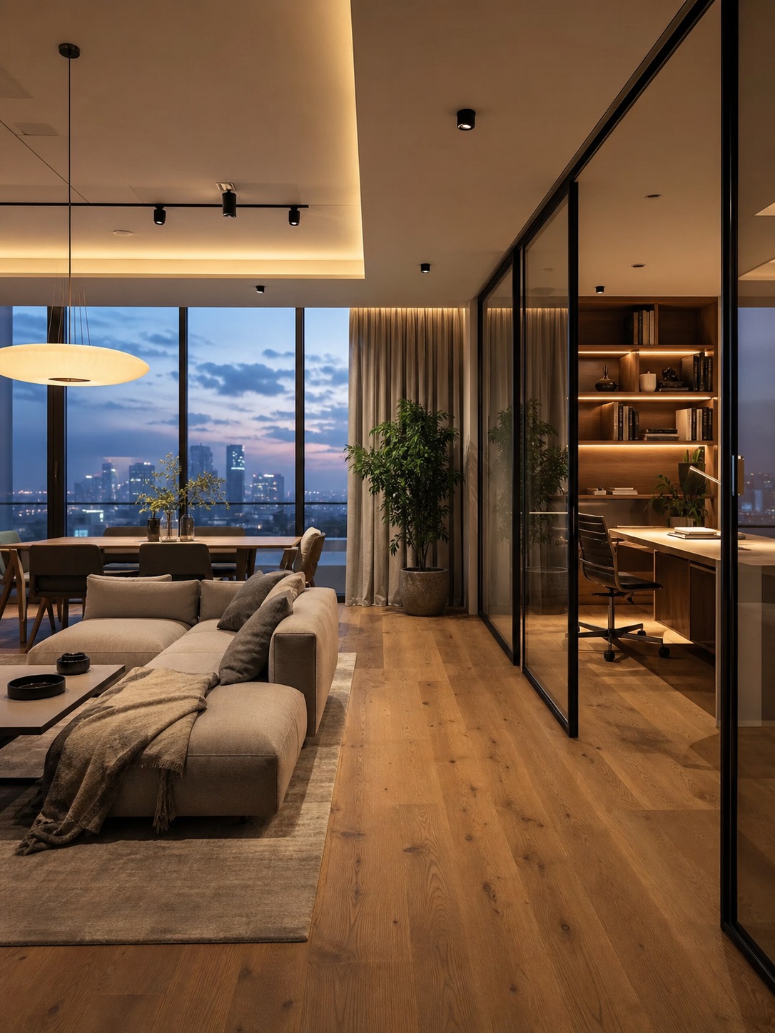 Open apartment living space with a separate glazed home office and warm oak flooring.