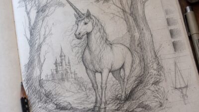 Pencil sketch of a unicorn standing in a forest with trees and a distant castle in the background.