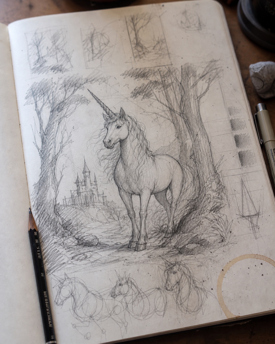 Fantasy forest unicorn sketchbook study Pencil sketch of a unicorn standing in a forest with trees and a distant castle in the background. | Sky Rye Design Fantasy forest unicorn pencil study with castle thumbnail, tree silhouettes, value blocks, and erased composition guides.