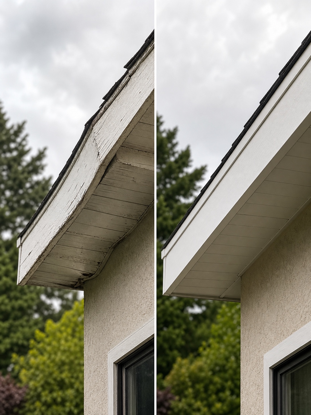 Comparison of a warped sagging fascia line and a crisp straight repainted fascia edge.