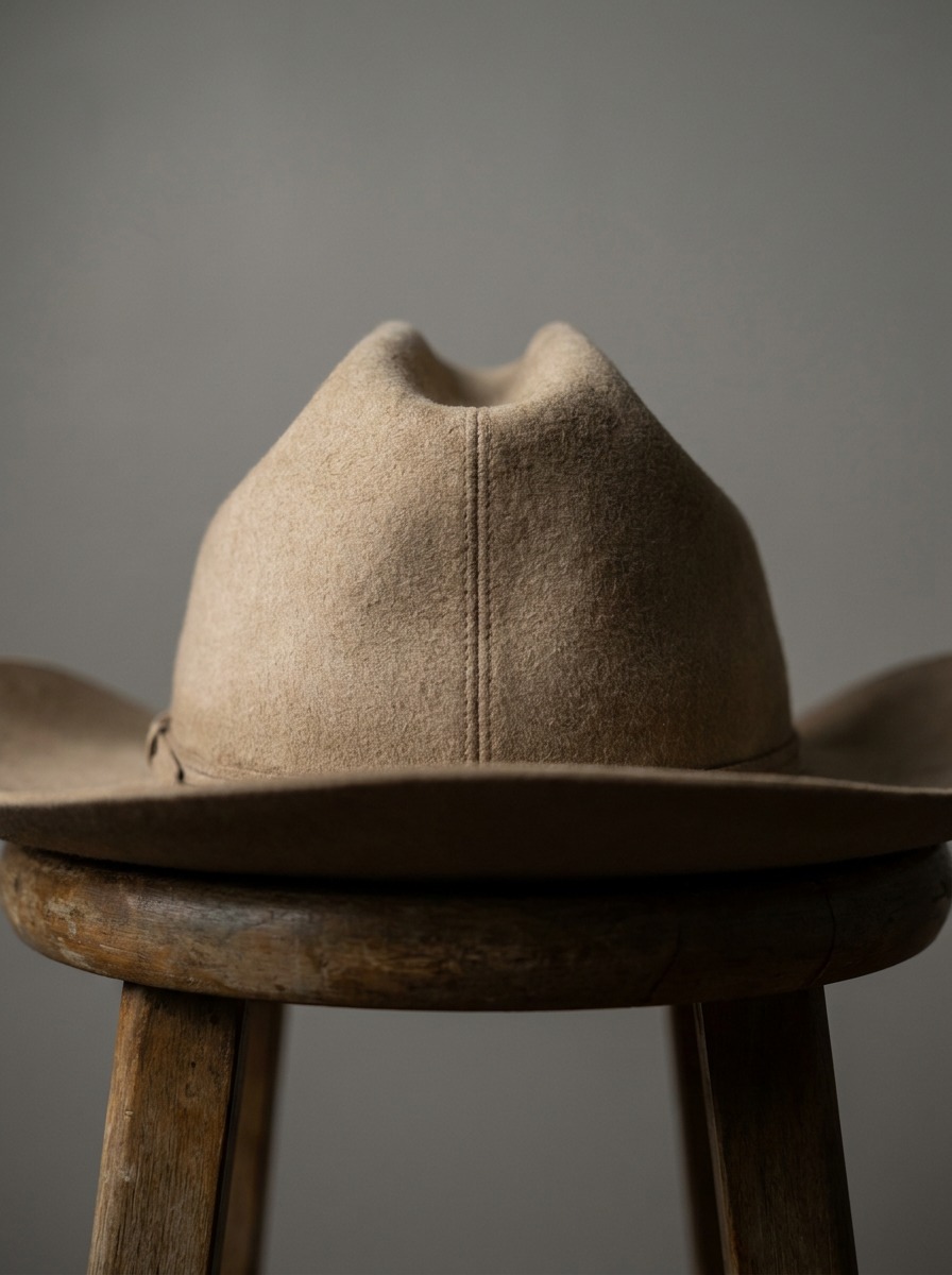 Photorealistic back-view photograph of a felt cowboy hat showing the crown crease pattern and rear felt texture.
