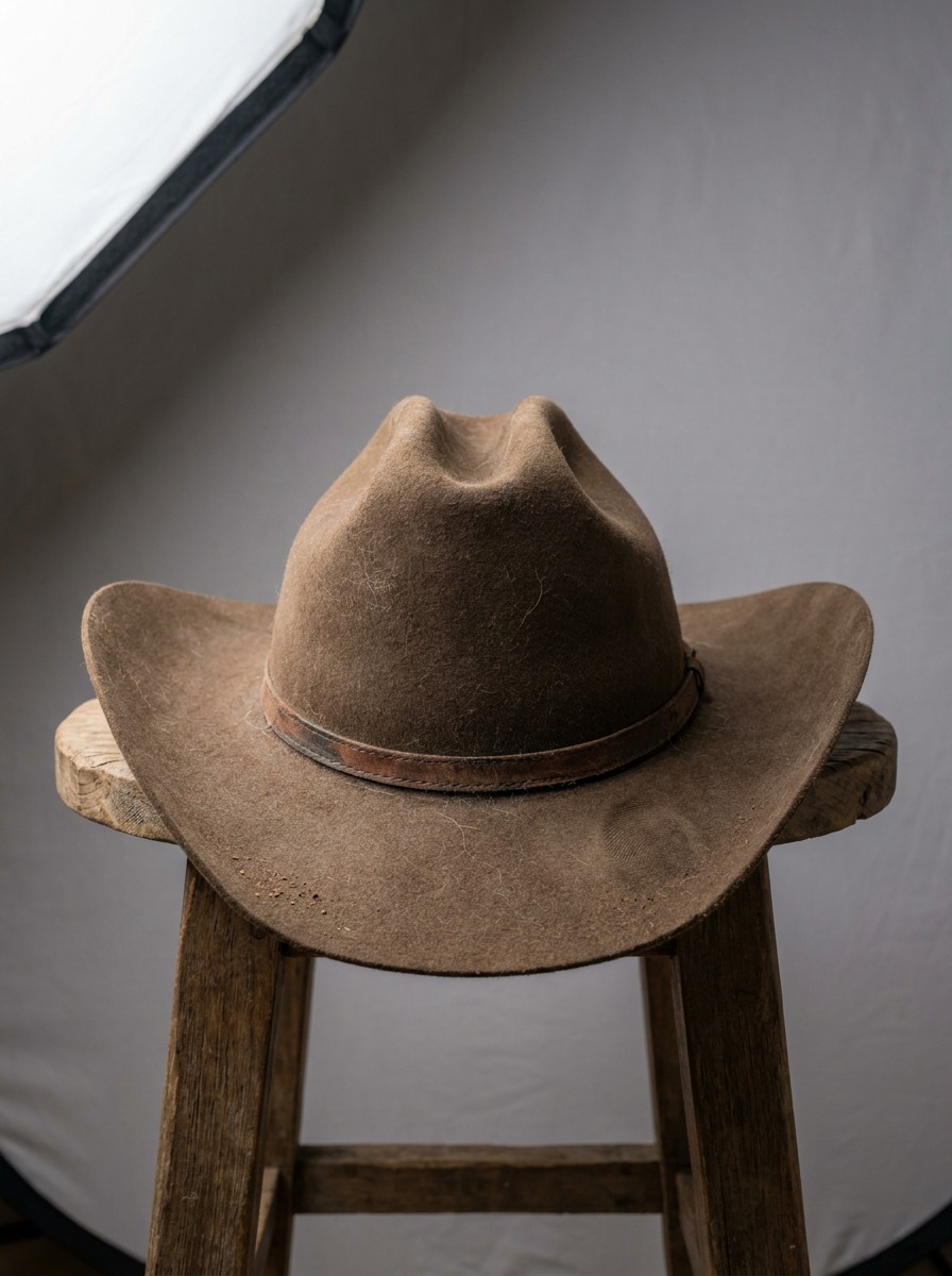 Photorealistic front-view photograph of a genuine felt cowboy hat with cattleman crease crown resting on a wooden stool.