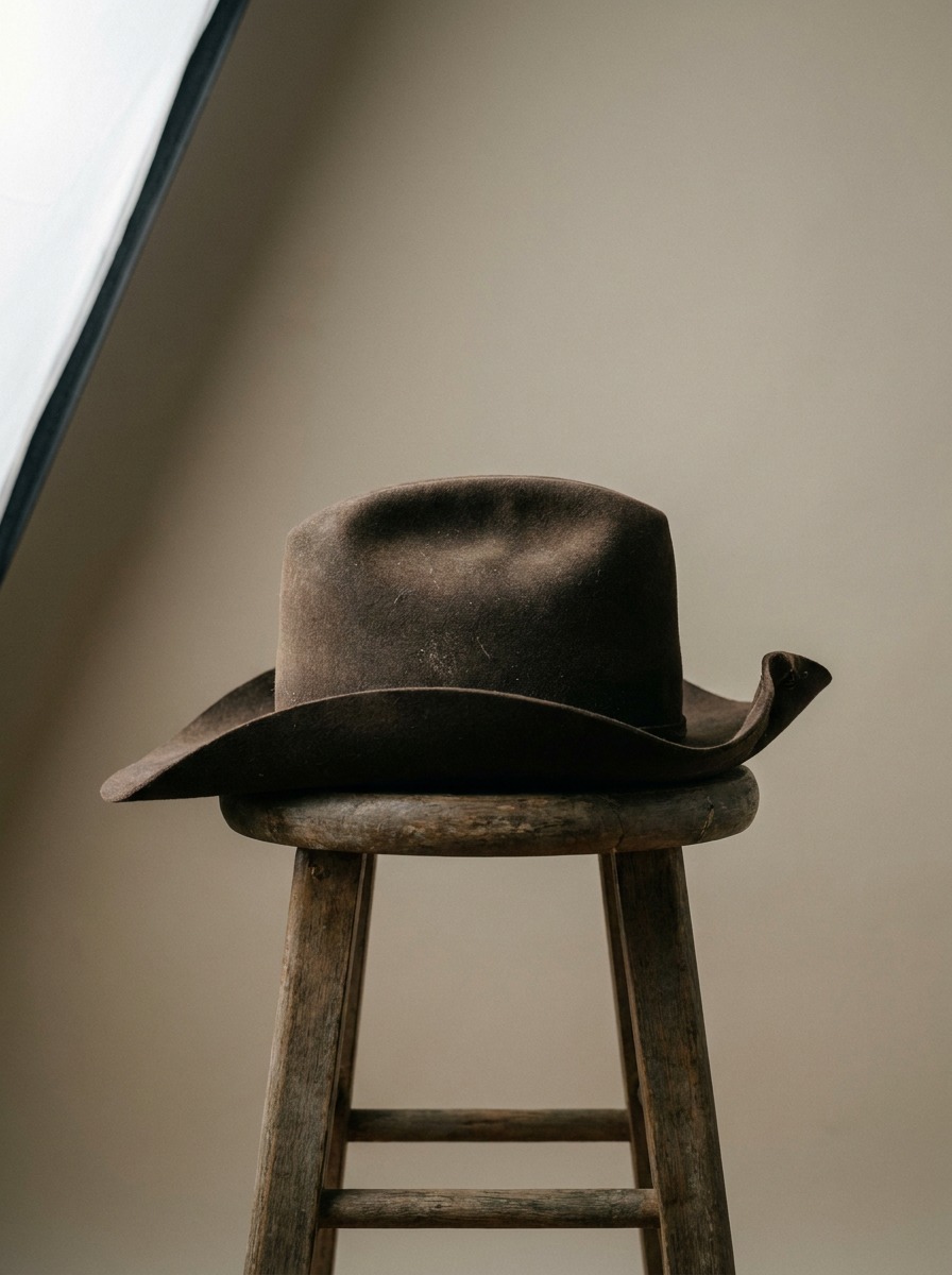 Photorealistic side-view photograph of a felt cowboy hat showing the front brim dip and back curl in profile.