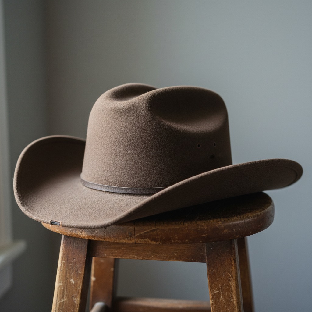 Photorealistic photograph of a felt cowboy hat from a three-quarter angle highlighting brim curl and crown pinch.