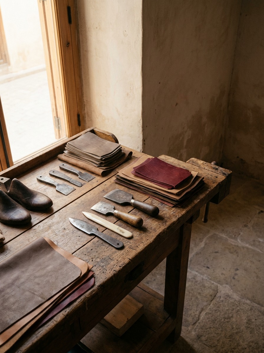 Fes leather atelier workbench with tools Traditional Fes leather atelier workbench laid out with skiving blades, a bone folder, wooden lasts, and cut leather panels | Sky Rye Design Traditional Fes leather atelier workbench laid out with skiving blades, a bone folder, wooden lasts, and cut leather panels