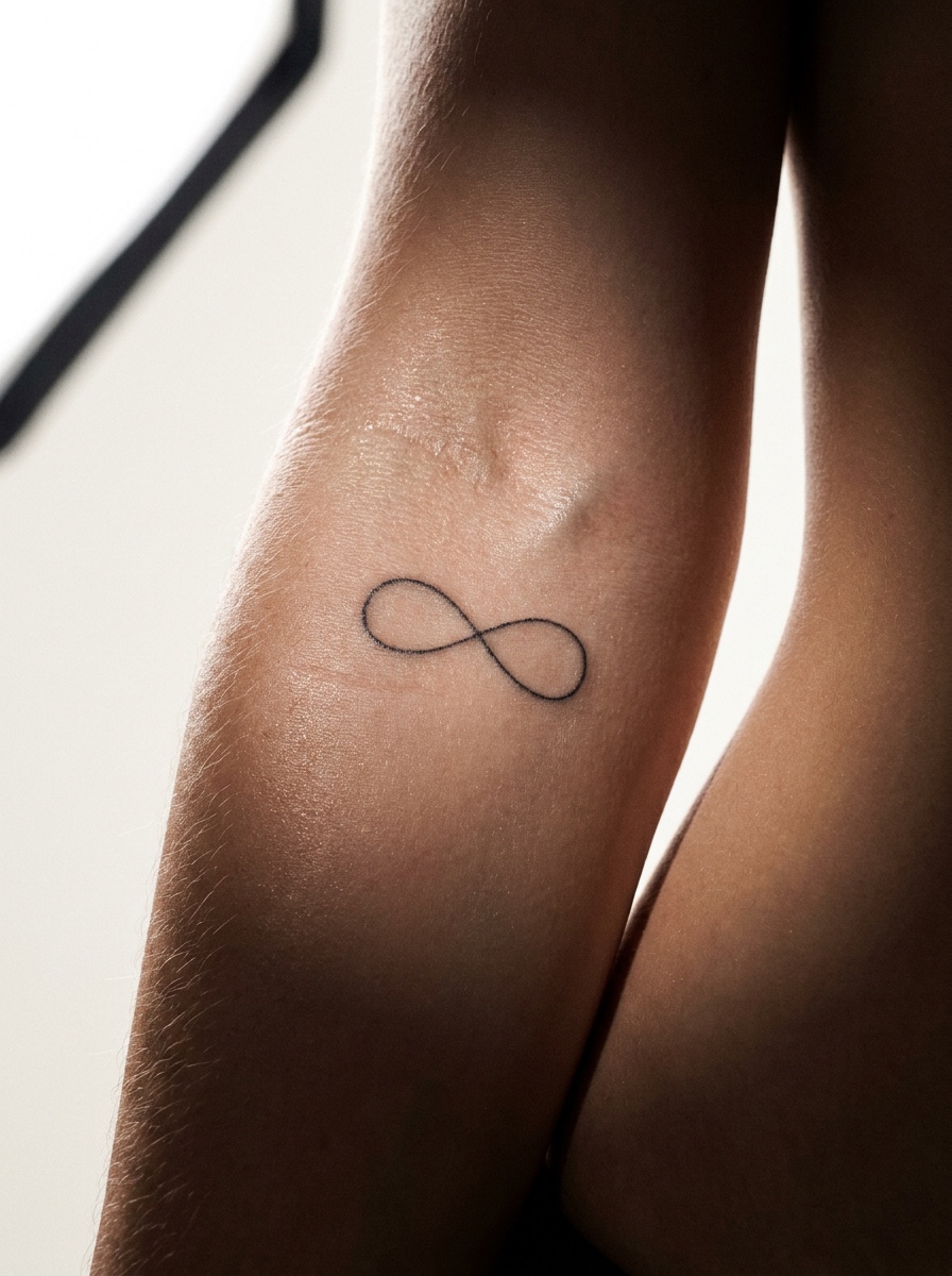 Macro close-up of a hairline fine-line infinity tattoo on forearm skin