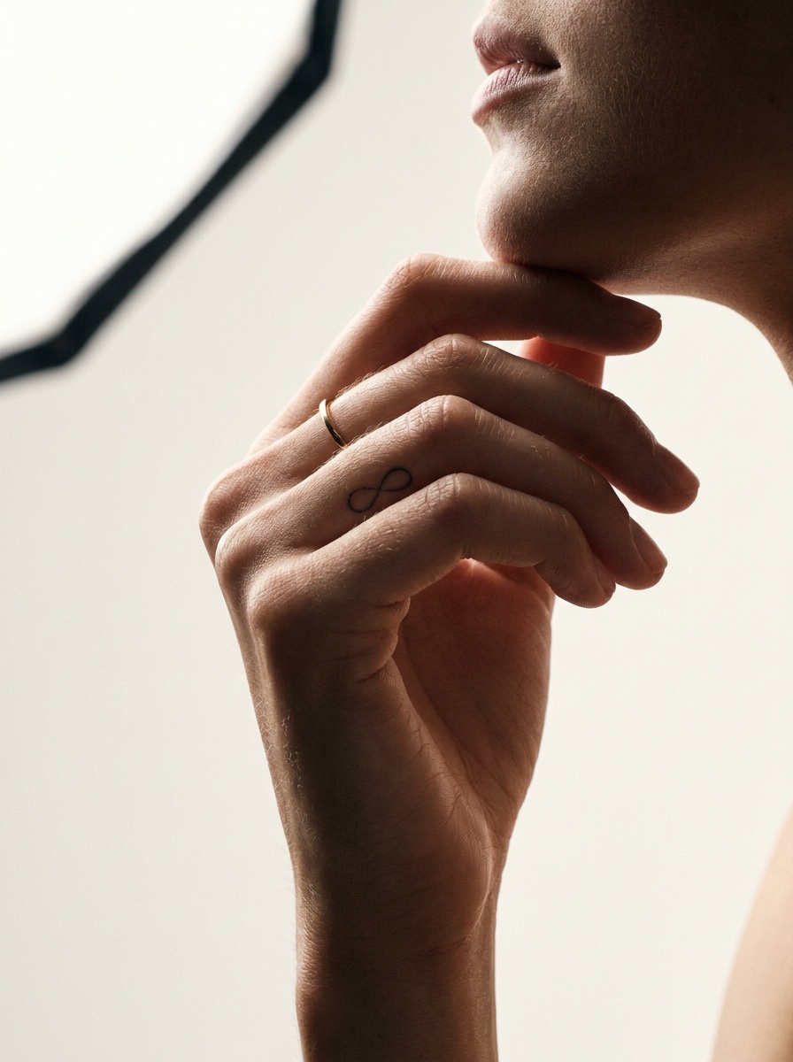 A tiny fine-line infinity tattoo on one finger beside a delicate gold ring
