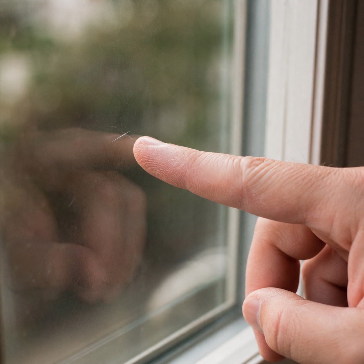 Fingertip test on scratched window glass Fingertip lightly testing the depth of a small scratch on window glass. | Sky Rye Design Fingertip lightly testing the depth of a small scratch on window glass.