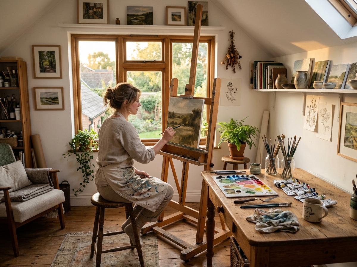 Finished Home Art Studio at Golden Hour A finished home art studio bathed in the warm, golden light of sunset, with tools neatly arranged in an inspiring creative environment. | Sky Rye Design A finished home art studio bathed in the warm, golden light of sunset, with tools neatly arranged in an inspiring creative environment.