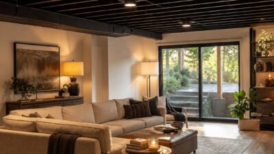 Finished basement living area with warm wood-look flooring, layered lamps, and a neutral sectional sofa.