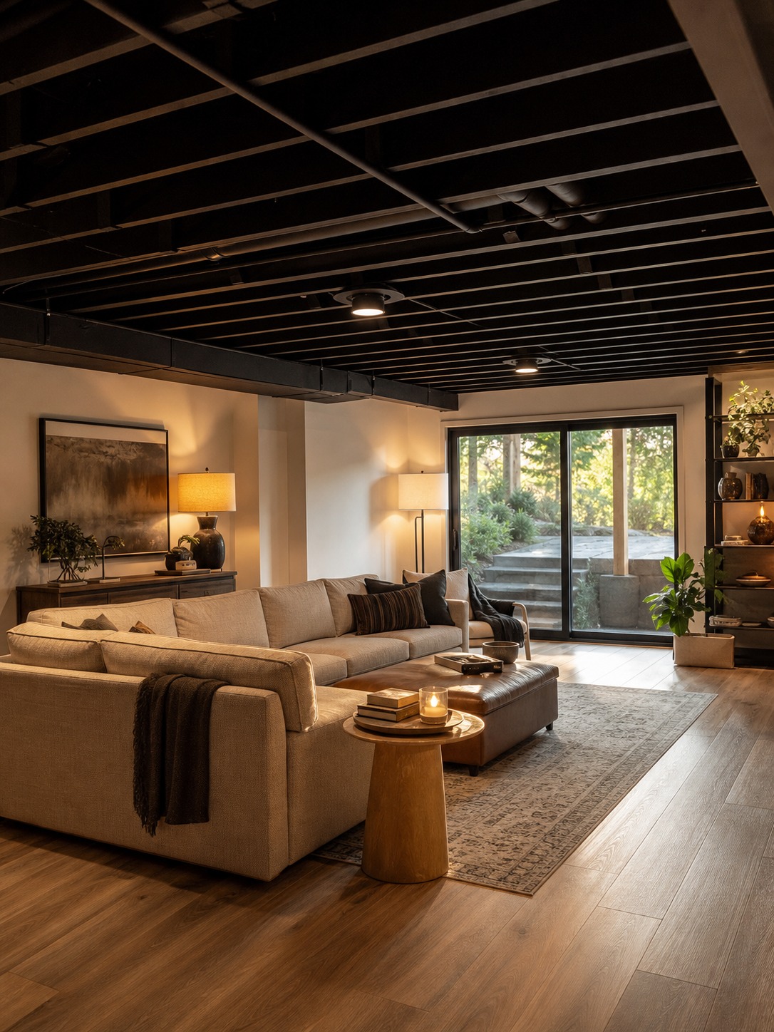 Finished Basement Living Area Finished basement living area with warm wood-look flooring, layered lamps, and a neutral sectional sofa. | Sky Rye Design Finished basement living area with warm wood-look flooring, layered lamps, and a neutral sectional sofa.