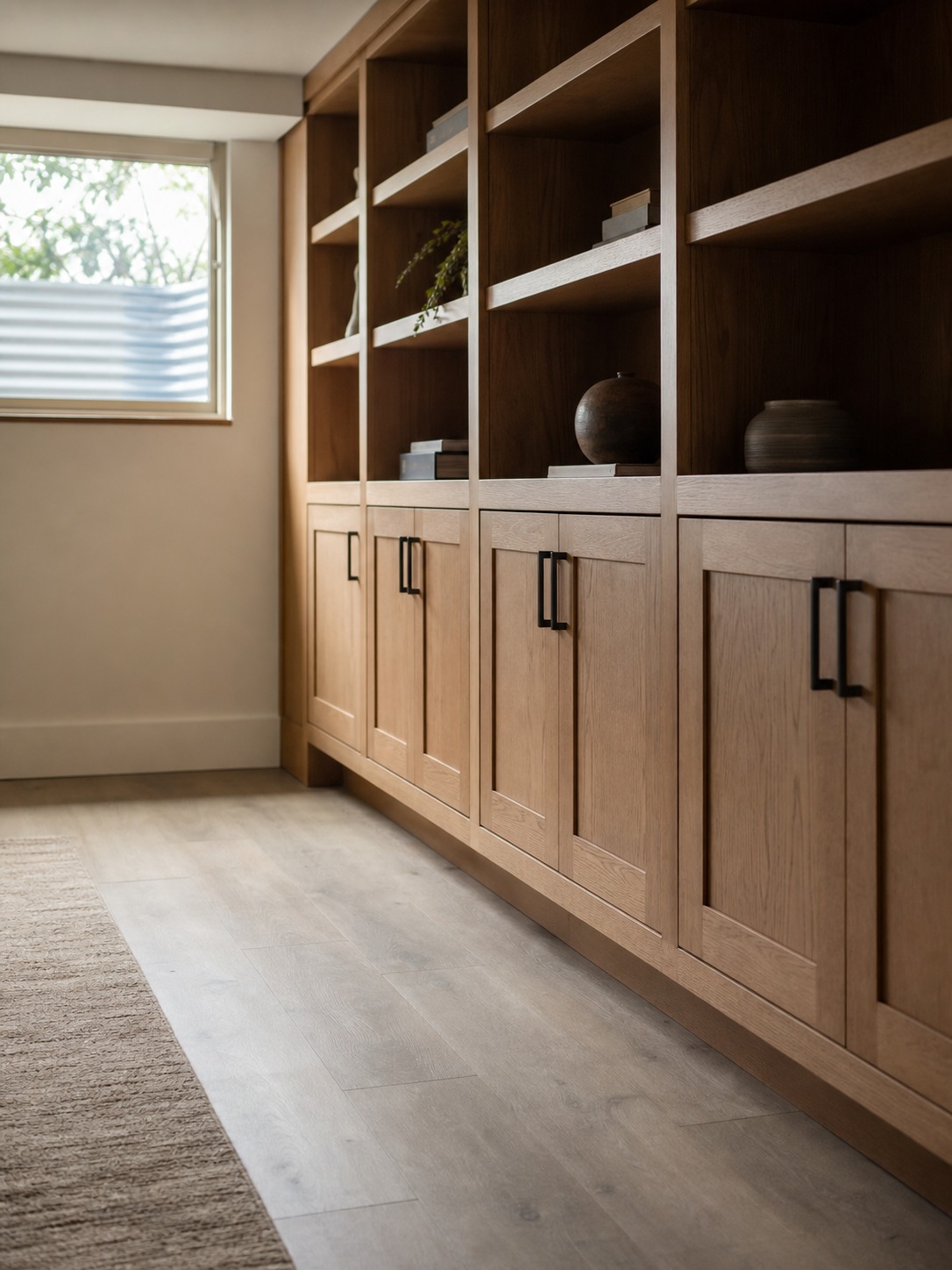 Raised Built-In Shelving Raised basement built-in shelving on a toe-kick base with warm wood cabinets. | Sky Rye Design Raised basement built-in shelving on a toe-kick base with warm wood cabinets.