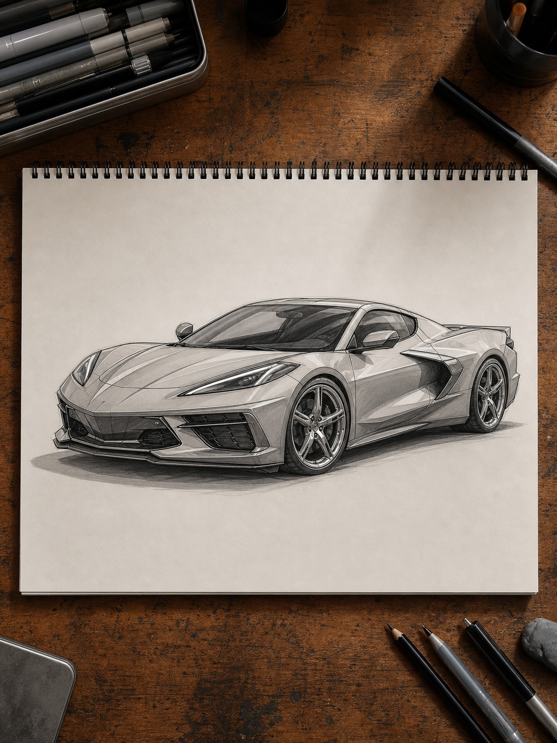 Finished Corvette C8 graphite and marker rendering Finished graphite and marker rendering of a complete Corvette C8 in three-quarter view with chrome highlights and shaded glass. | Sky Rye Design Finished graphite and marker rendering of a complete Corvette C8 in three-quarter view with chrome highlights and shaded glass.