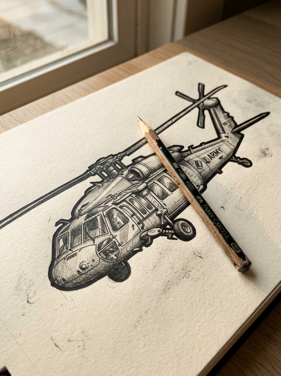 Close-up of a finished helicopter drawing with dark outer silhouette lines and detailed inner shading.