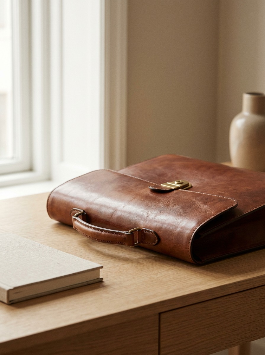 Finished leather briefcase lifestyle shot Finished leather briefcase with a folded edge resting on a minimalist wooden desk beside a closed notebook | Sky Rye Design Finished leather briefcase with a folded edge resting on a minimalist wooden desk beside a closed notebook