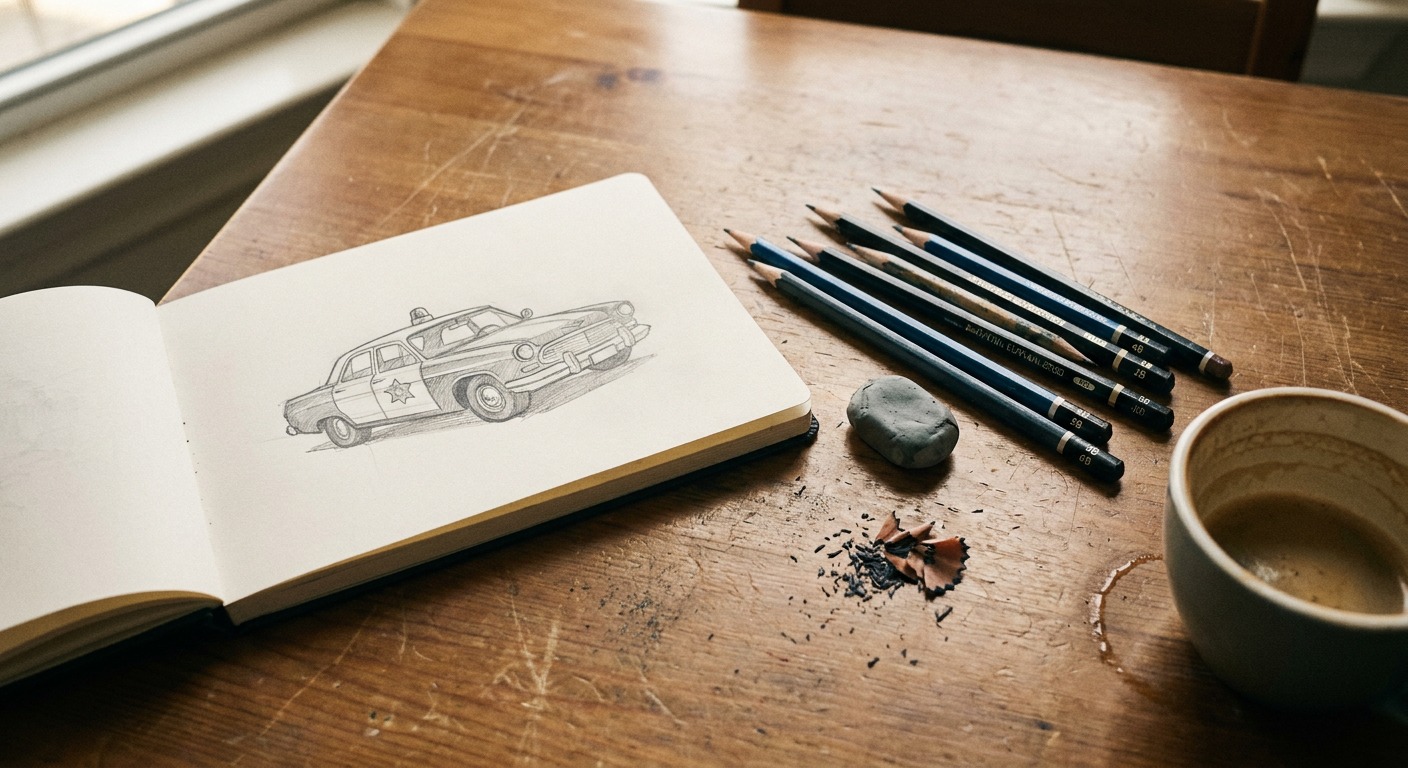 A finished police car drawing sits on a designer workspace with pencils, shavings, and an eraser.