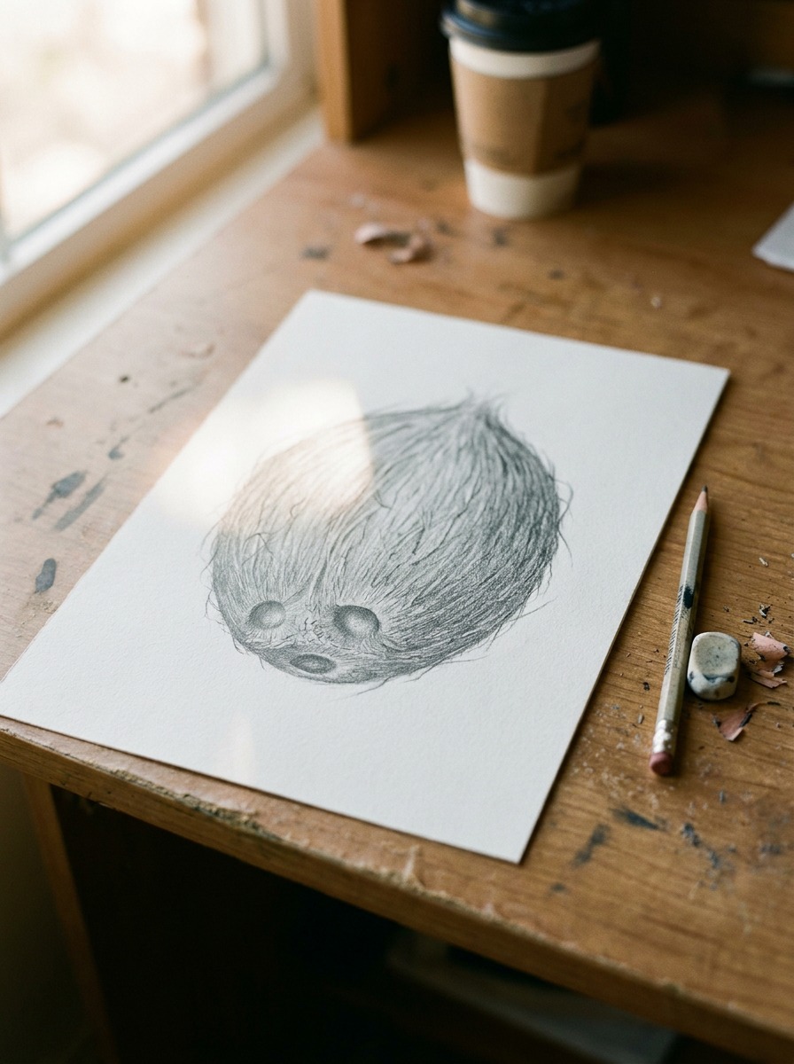 Finished realistic coconut pencil drawing Completed realistic pencil drawing of a husked coconut with detailed coir texture resting on a wooden desk | Sky Rye Design Completed realistic pencil drawing of a husked coconut with detailed coir texture resting on a wooden desk