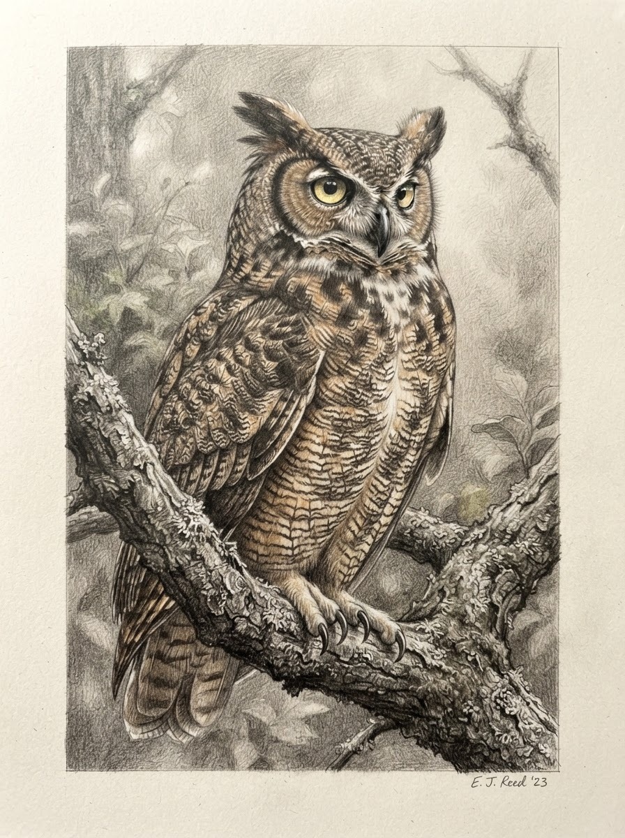 Finished graphite pencil drawing of a great horned owl shaded and colored, perched on a branch