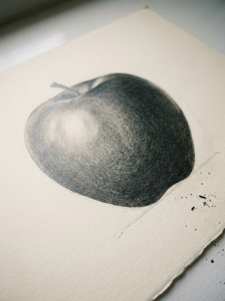 Finished shaded apple drawing A close-up graphite drawing of an apple with highlight, core shadow, reflected light, and a soft cast shadow on drawing paper. | Sky Rye Design A close-up graphite drawing of an apple with highlight, core shadow, reflected light, and a soft cast shadow on drawing paper.