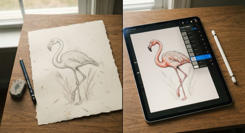 Split comparison of a traditional pencil flamingo sketch beside the same drawing in Procreate on an iPad