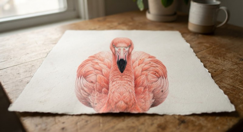 Colored pencil flamingo drawing in front-facing view with foreshortened neck and wedge-shaped beak