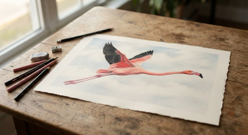 Colored pencil flamingo drawing in flight with wings spread showing black flight feathers