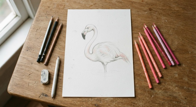 Flat lay of traditional flamingo drawing materials: graphite pencils, colored pencils, blending stump, and textured paper