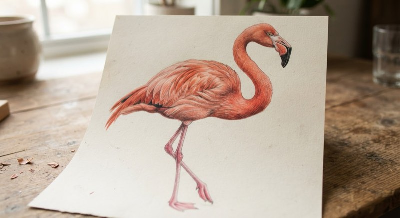 Colored pencil flamingo drawing in side profile view showing the full S-curve neck