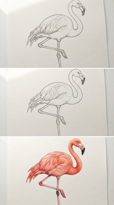 Pencil drawing steps showing flamingo wings and tail added, cleaned up linework, and final colored rendering