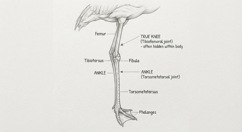 Labeled diagram of a flamingo leg showing the ankle joint and hidden knee position