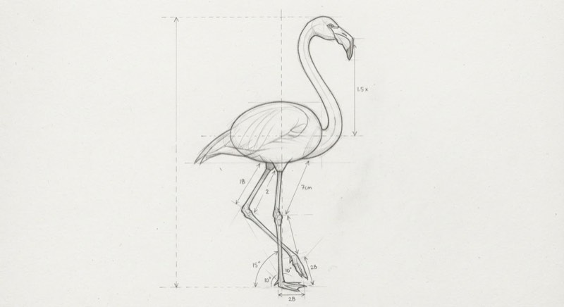 Graphite proportion diagram showing flamingo body oval, neck length ratio, and S-curve construction lines