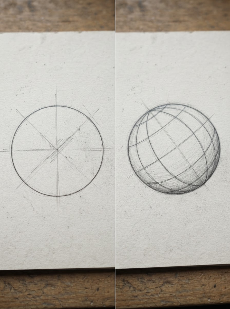 Flat circle versus foreshortened sphere diagram Graphite drawing comparing a flat circle with a rotated sphere whose guidelines curve around the form. | Sky Rye Design Graphite drawing comparing a flat circle with a rotated sphere whose guidelines curve around the form.