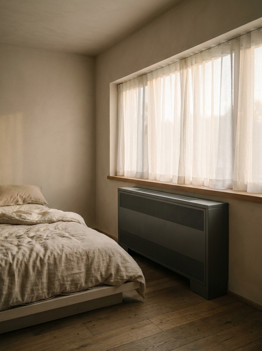 Floor-mounted mini split console unit positioned beneath a horizontal window in a minimalist bedroom