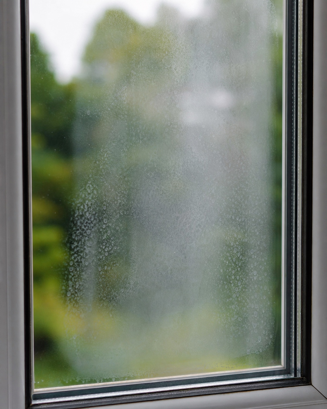 Fog trapped inside a failed double-glazed pane Fog and mineral spots trapped between layers of a failed double-glazed window pane. | Sky Rye Design Fog and mineral spots trapped between layers of a failed double-glazed window pane.