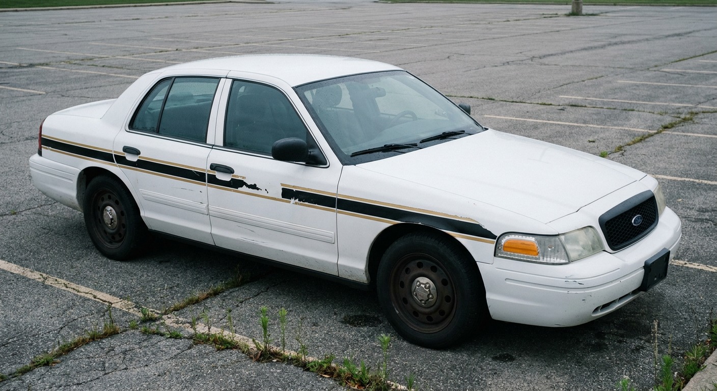 A retired Ford Crown Victoria-style police sedan reference parked in a municipal lot.