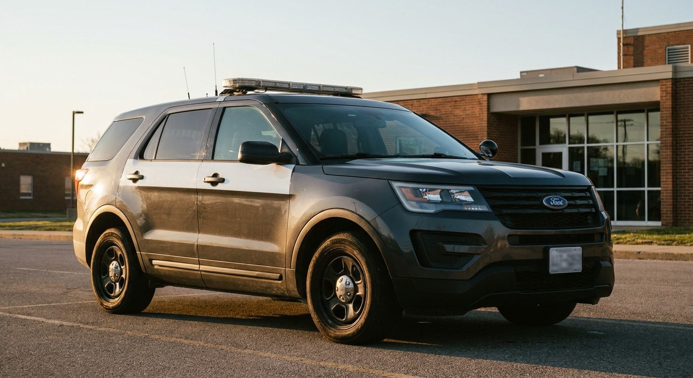 A current police interceptor SUV reference with a roof light bar outside a precinct.