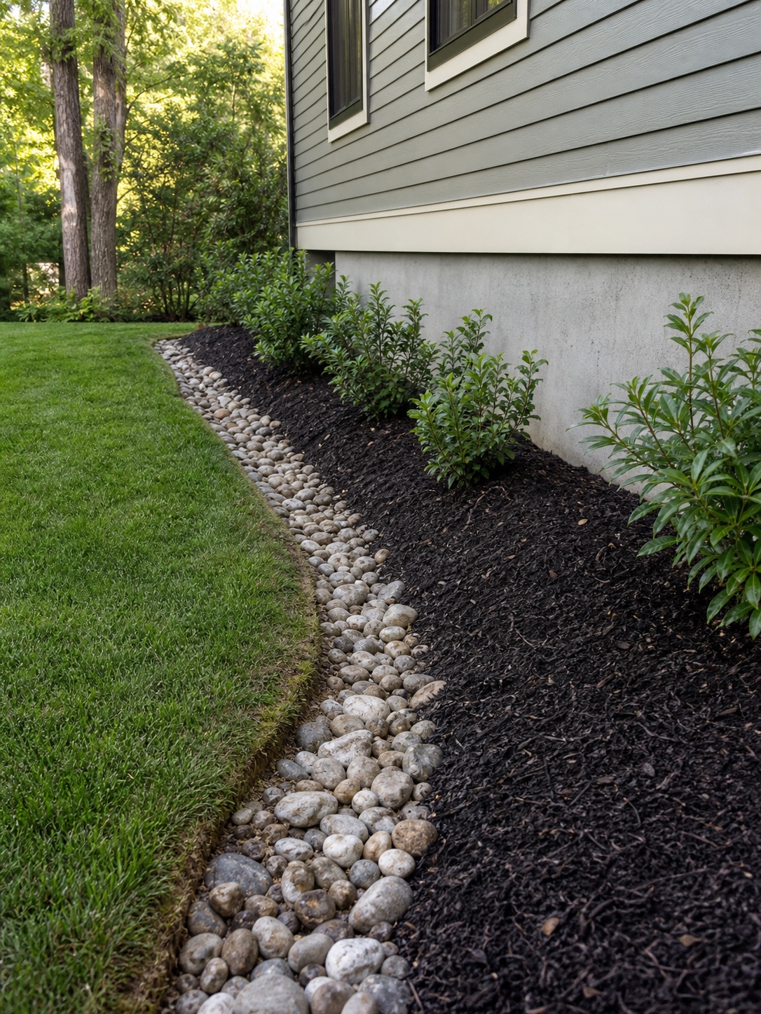 Regraded planting bed and drainage swale alongside a home facade.