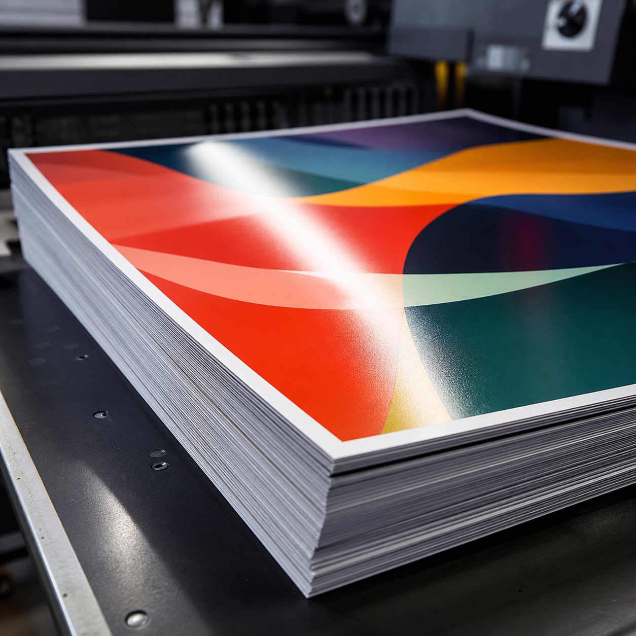 Stack of freshly printed posters Stack of freshly printed glossy posters resting on a press bed. | Sky Rye Design Stack of freshly printed glossy posters resting on a press bed.