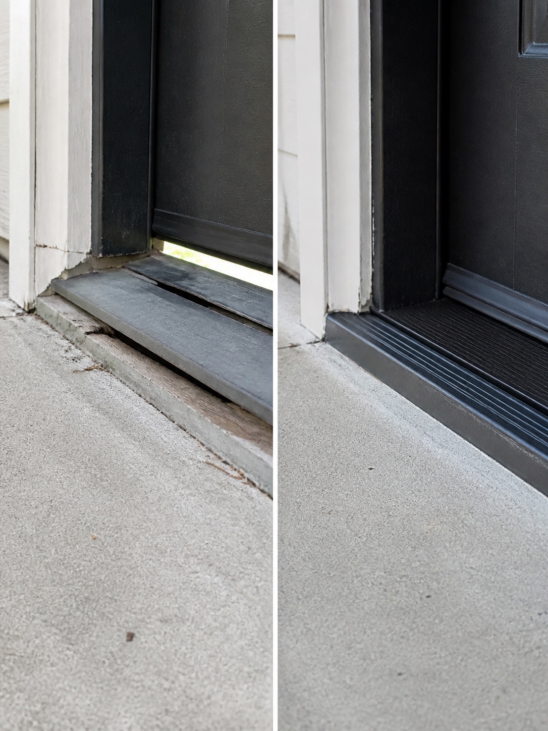Before-and-after comparison of a worn front door threshold and a newly sealed threshold.