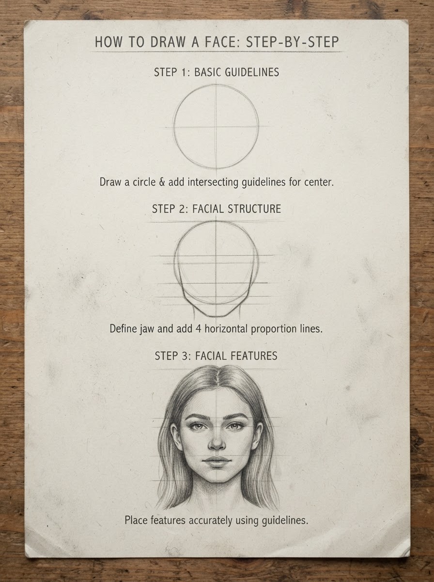 Front view Loomis method three-step tutorial Three-step graphite tutorial showing a Loomis front-view head from circle and cross to finished features. | Sky Rye Design Three-step graphite tutorial showing a Loomis front-view head from circle and cross to finished features.