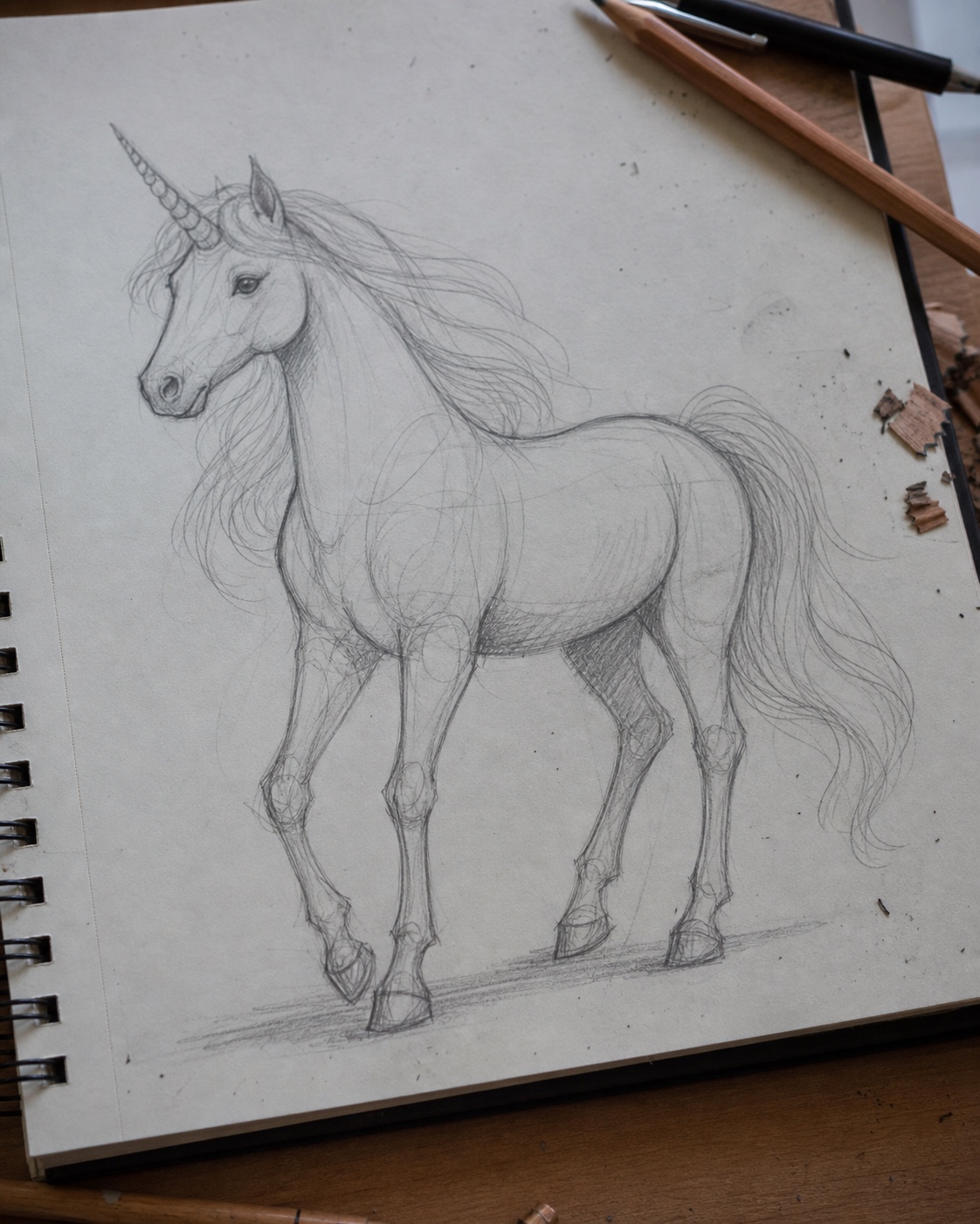 Full body unicorn sketchbook process Full body unicorn pencil sketch with visible gesture lines, leg corrections, hooves, mane, and light graphite shading. | Sky Rye Design Full body unicorn pencil sketch with visible gesture lines, leg corrections, hooves, mane, and light graphite shading.
