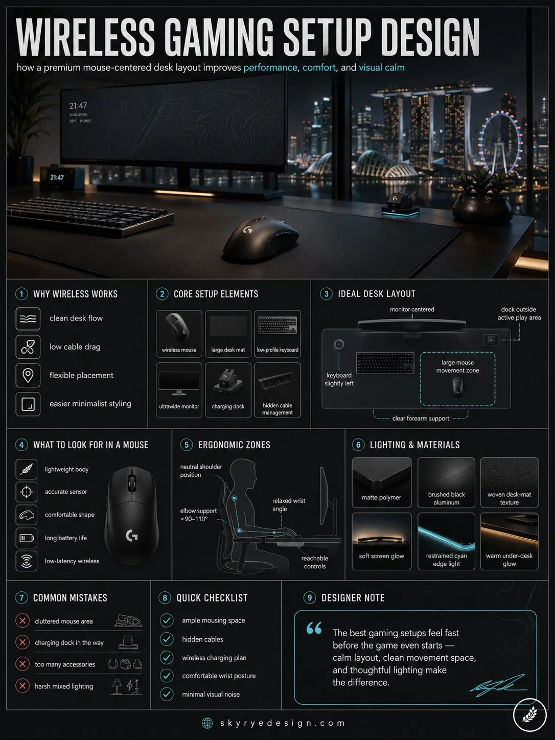 Wireless gaming setup infographic showing wireless mouse-centered desk layout, ergonomic zones, lighting, and checklist.