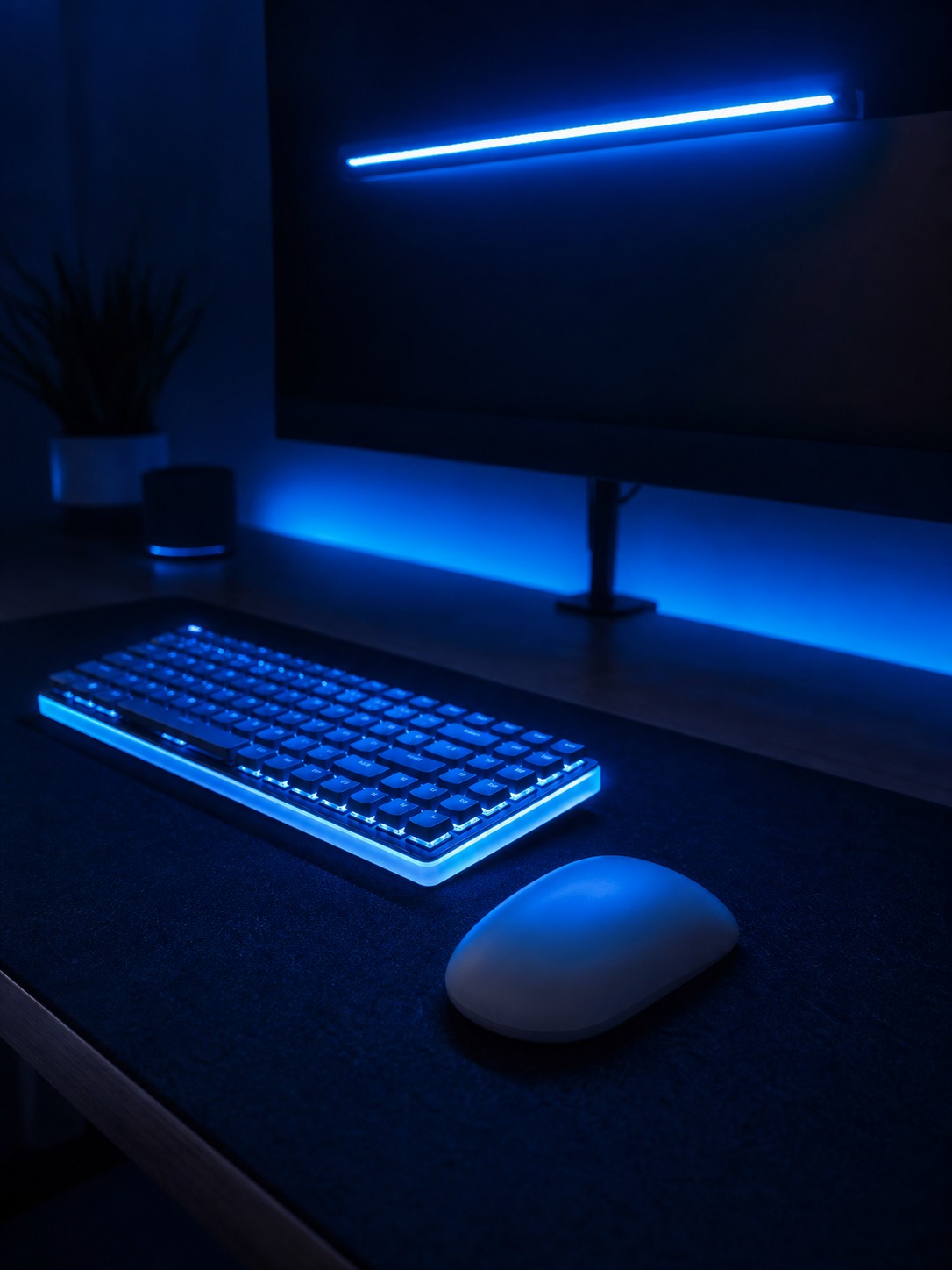 Keyboard, mouse, and monitor light strip using one consistent RGB accent color