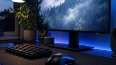 Complete gaming desk setup with a wireless mouse beside a keyboard under restrained RGB lighting