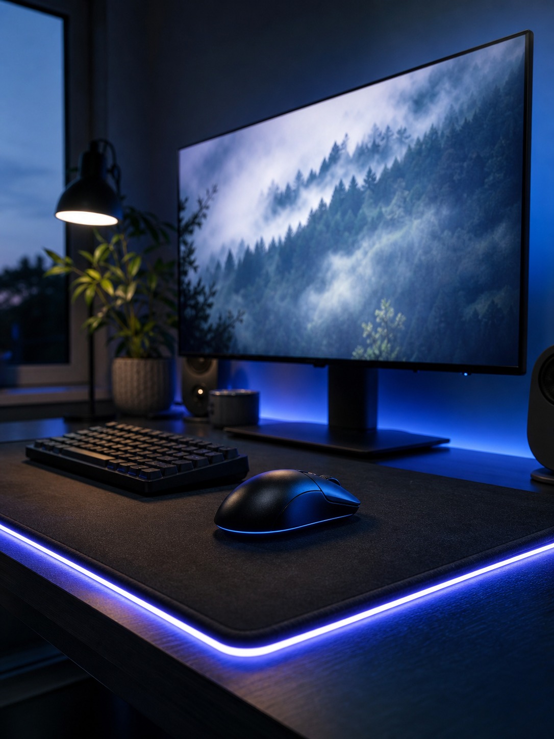 Complete gaming desk setup with a wireless mouse beside a keyboard under restrained RGB lighting