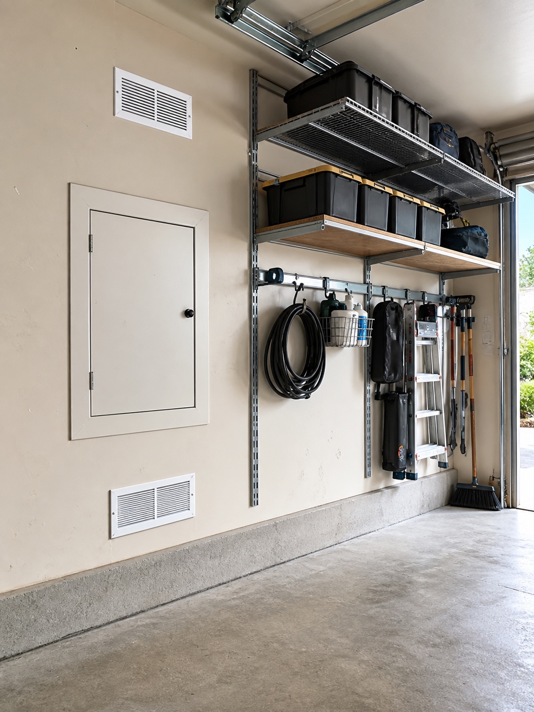 Garage wall with a crawl-space access panel and wall-mounted storage kept clear of ventilation paths.