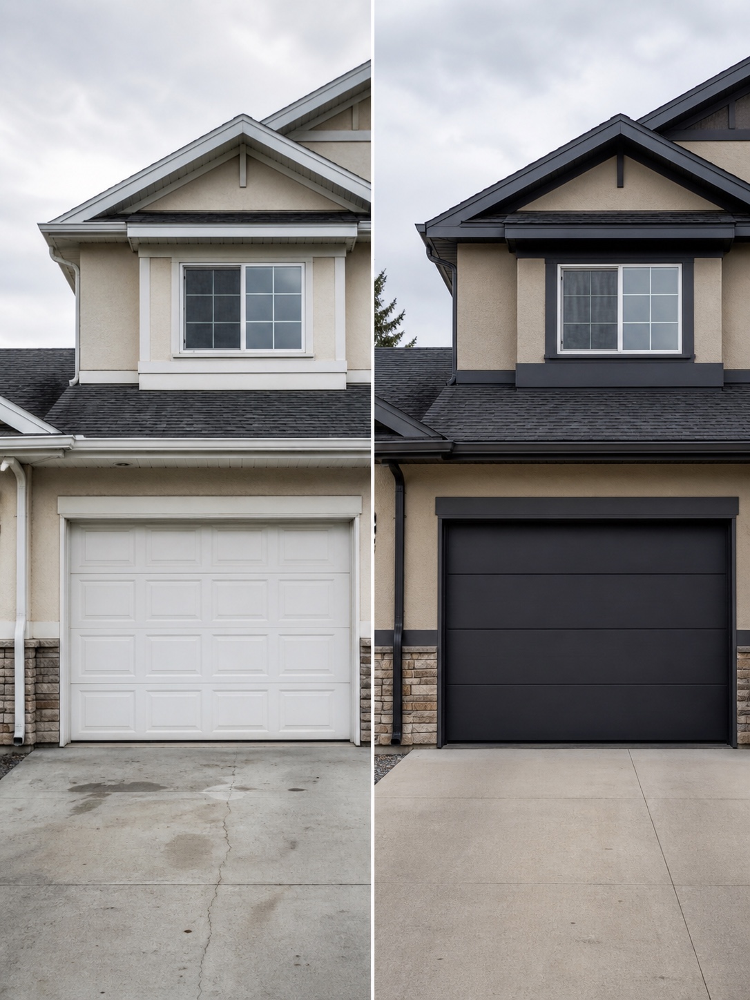 Before-and-after comparison of a dated white garage door and a dark modern flush-panel door.