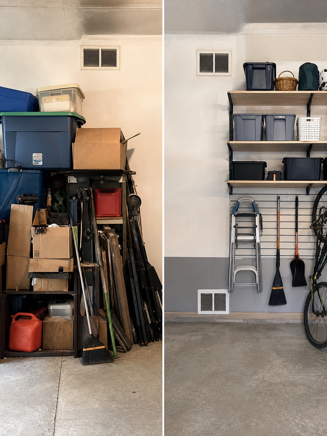 Before-and-after comparison of garage clutter blocking a vent and organized wall storage with clear airflow.