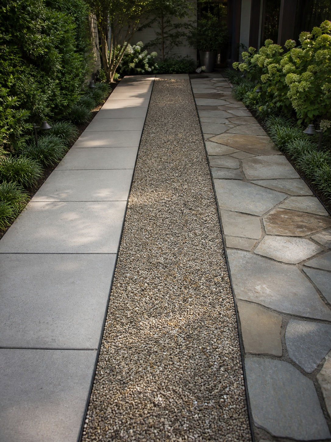 Garden pathway material comparison with pavers gravel and flagstone Three garden pathway materials shown side by side: concrete pavers, pea gravel, and flagstone. | Sky Rye Design Three garden pathway materials shown side by side: concrete pavers, pea gravel, and flagstone.